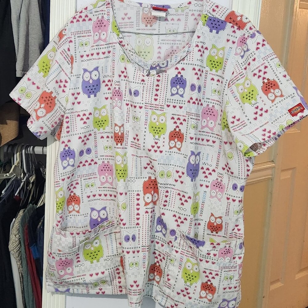 XL Dickies Scrubs White with Red, Purple, and Green Owls with Rouche Back